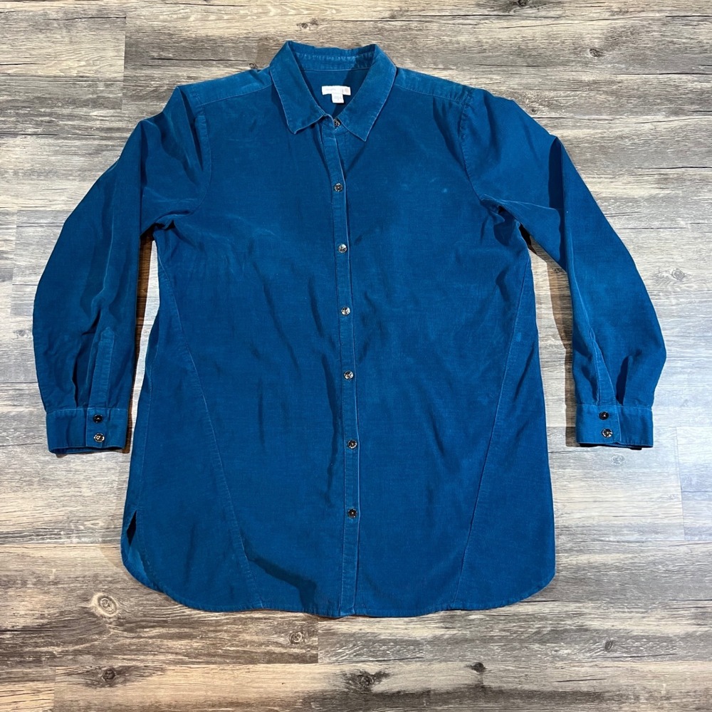 Women's Teal‎ Corduroy Button Up Medium 100% Cotton Long Sleeve Classic Blouse